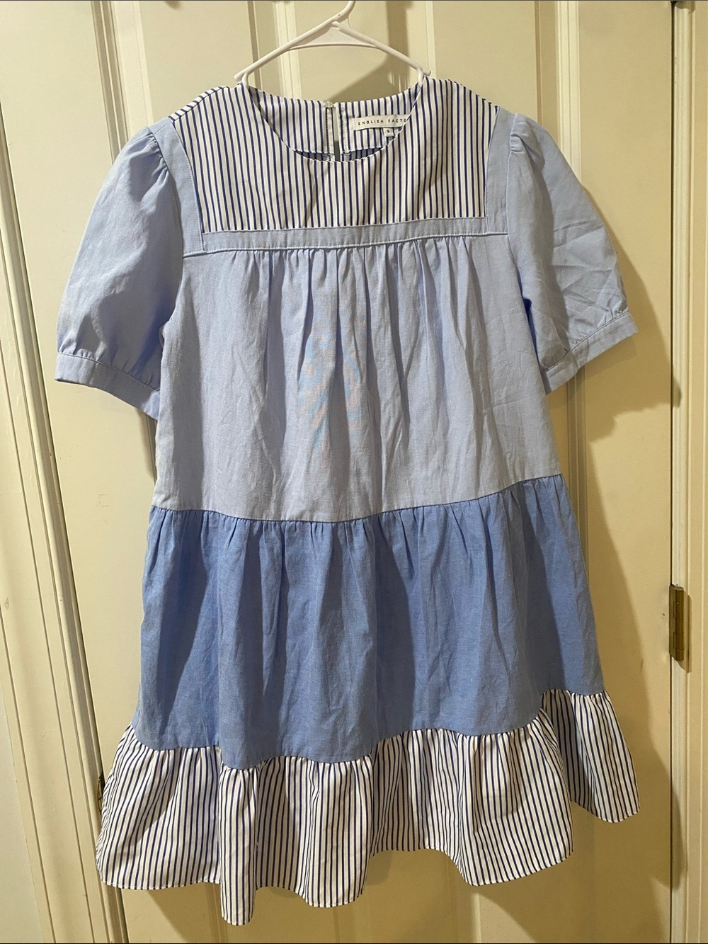 English Factory Light Blue Tiered Cotton Dress with Navy Stripe